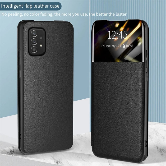 For Samsung Galaxy A52 4G / 5G / A52s 5G View Window Drop-proof Leather Phone Case with Card Holder Stand - Blue - 6
