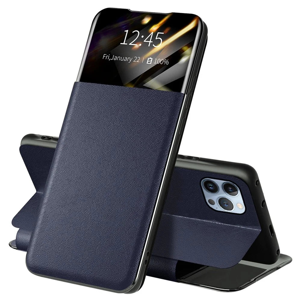 For iPhone 13 Pro 6.1 inch View Window PU Leather Stand Cover Card Slot Flip Folio Phone Case - Blue - 1
