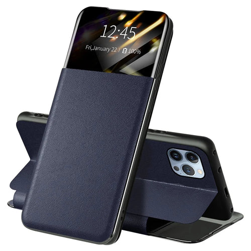 For iPhone 13 Pro 6.1 inch View Window PU Leather Stand Cover Card Slot Flip Folio Phone Case - Blue - 1
