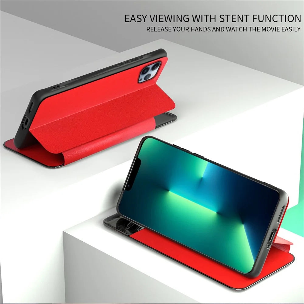 For iPhone 13 Pro 6.1 inch View Window PU Leather Stand Cover Card Slot Flip Folio Phone Case - Blue - 2
