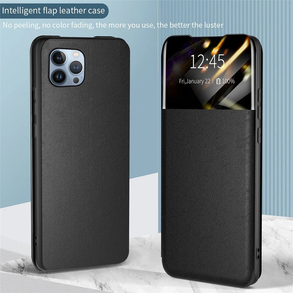 For iPhone 13 Pro 6.1 inch View Window PU Leather Stand Cover Card Slot Flip Folio Phone Case - Blue - 4