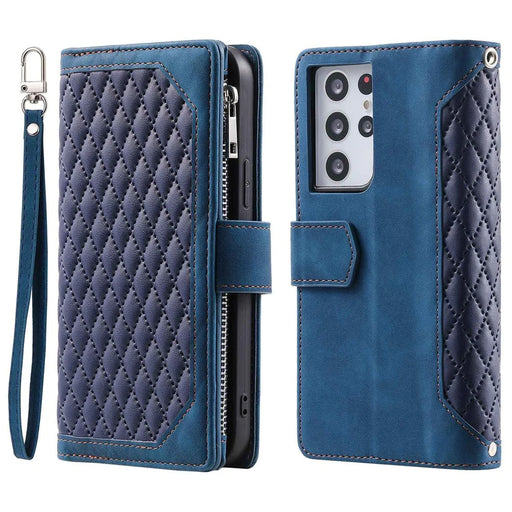 005 Style for Samsung Galaxy S21 Ultra 5G Rhombus Texture Leather Stand Case Zipper Pocket Wallet Phone Cover with Wrist Strap - Blue - 1