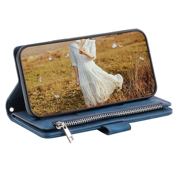 005 Style for Samsung Galaxy S21 Ultra 5G Rhombus Texture Leather Stand Case Zipper Pocket Wallet Phone Cover with Wrist Strap - Blue - 3