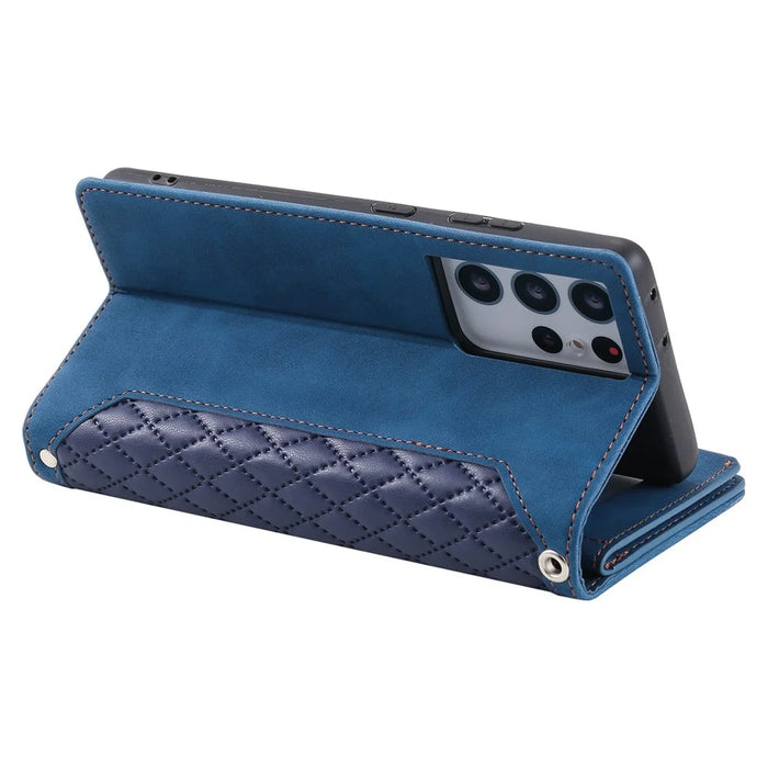 005 Style for Samsung Galaxy S21 Ultra 5G Rhombus Texture Leather Stand Case Zipper Pocket Wallet Phone Cover with Wrist Strap - Blue - 4