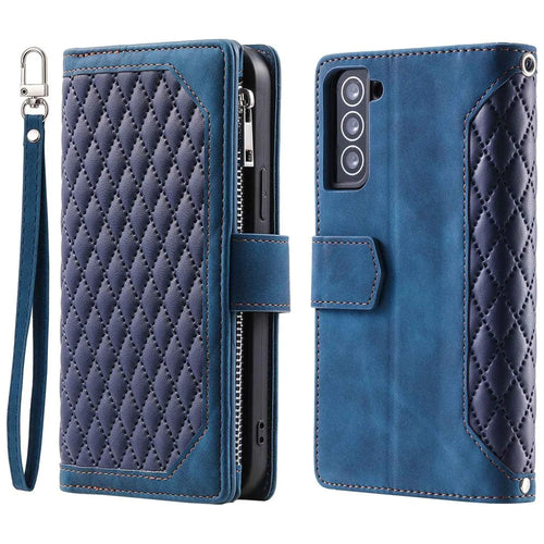005 Style for Samsung Galaxy S21+ 5G Zipper Pocket Rhombus Texture PU Leather Case Phone Stand Wallet Cover with Wrist Strap - Blue - 1