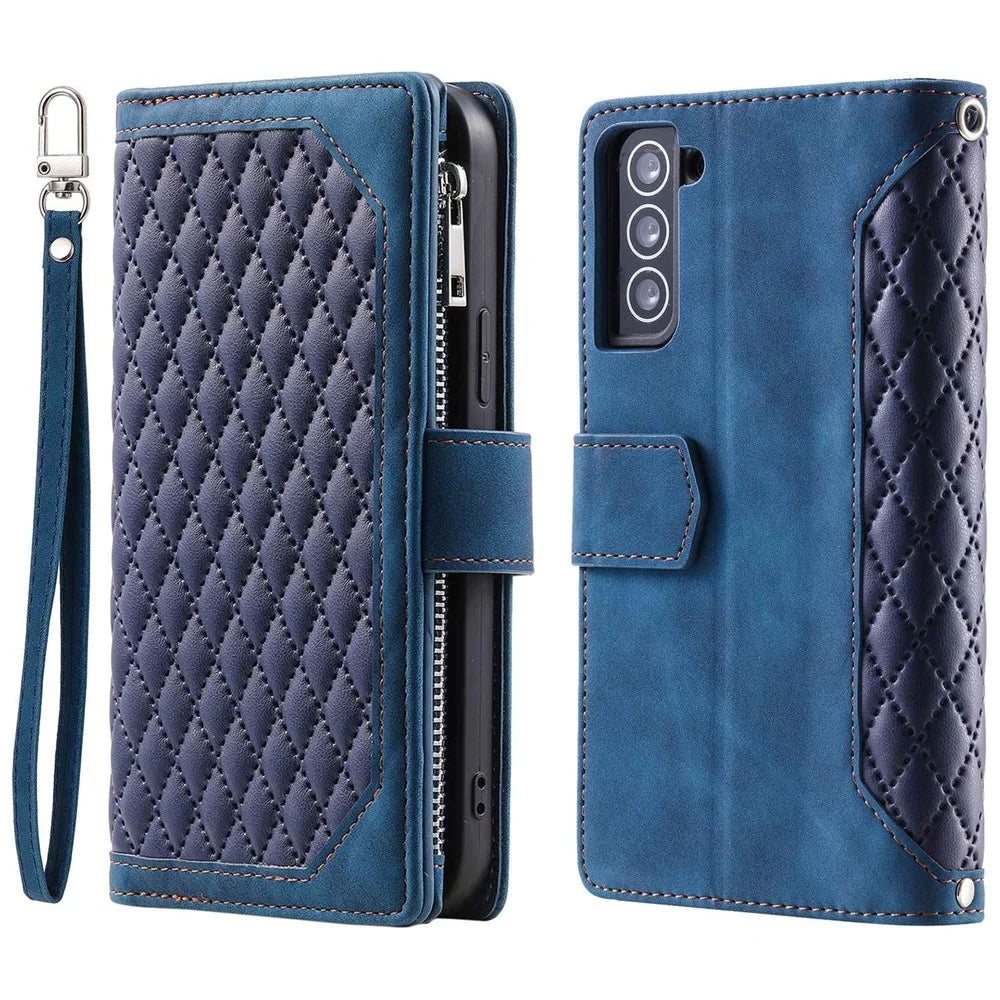005 Style for Samsung Galaxy S21 FE 5G Rhombus Texture Anti-drop Phone Case PU Leather Zipper Pocket Stand Wallet Cover with Wrist Strap - Blue - 1