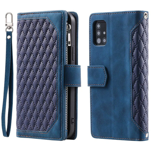 005 Style Rhombus Texture Phone Case for Samsung Galaxy A71 4G SM-A715, Zipper Pocket Leather Stand Wallet Cover with Wrist Strap - Blue - 1