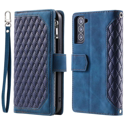 005 Style for Samsung Galaxy S21 4G / 5G Zipper Pocket Rhombus Texture Wallet Case PU Leather Stand Phone Cover with Wrist Strap - Blue - 1