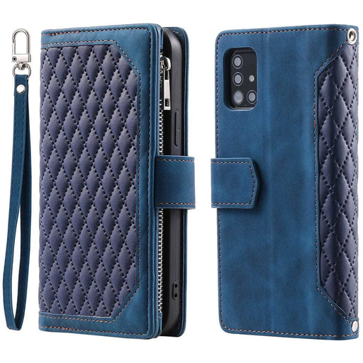 005 Style for Samsung Galaxy A51 4G SM-A515 Zipper Pocket Anti-scratch Phone Case Rhombus Texture PU Leather Stand Wallet Cover with Wrist Strap - Blue - 1