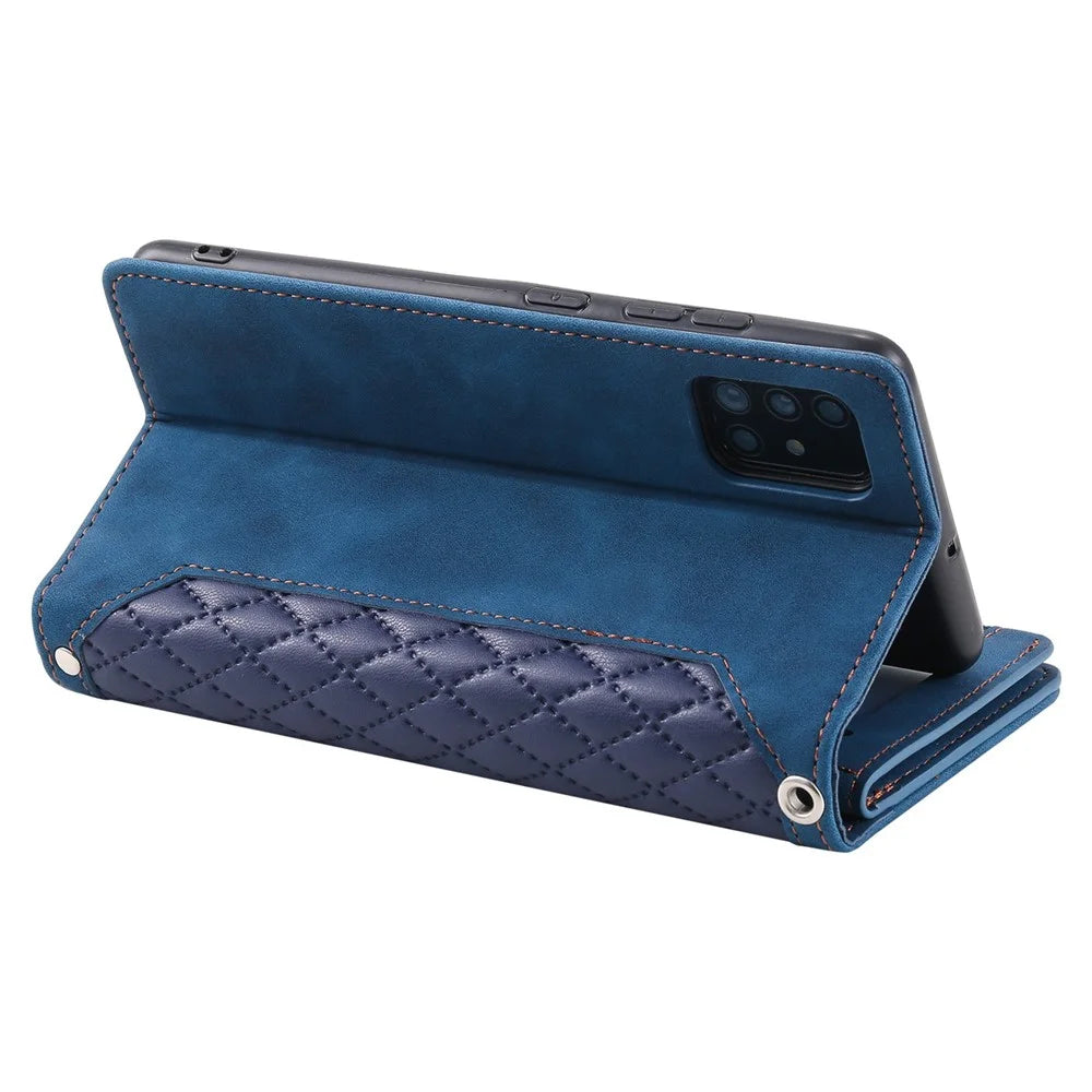 005 Style for Samsung Galaxy A51 4G SM-A515 Zipper Pocket Anti-scratch Phone Case Rhombus Texture PU Leather Stand Wallet Cover with Wrist Strap - Blue - 4