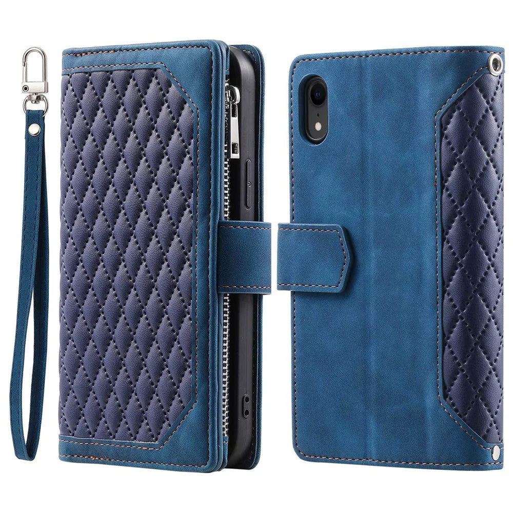 005 Style Zipper Pocket Phone Cover for iPhone XR 6.1 inch, Rhombus Texture Stand Wallet PU Leather Case with Wrist Strap - Blue - 1