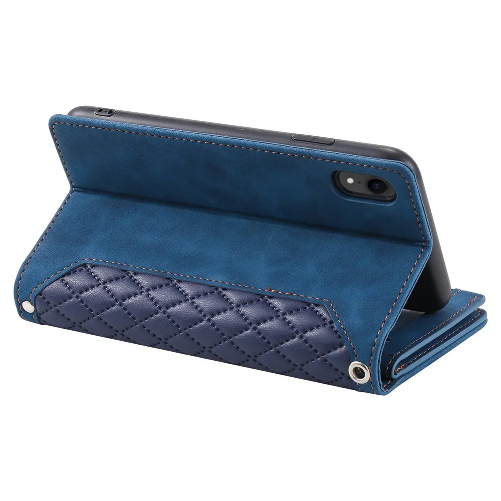 005 Style Zipper Pocket Phone Cover for iPhone XR 6.1 inch, Rhombus Texture Stand Wallet PU Leather Case with Wrist Strap - Blue - 4