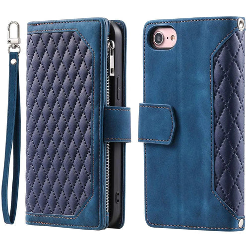 005 Style for iPhone SE (2022) / (2020) / 7 / 8 4.7 inch Rhombus Texture Leather Stand Case with Strap, Zipper Pocket Wallet Protective Phone Cover - Blue - 1
