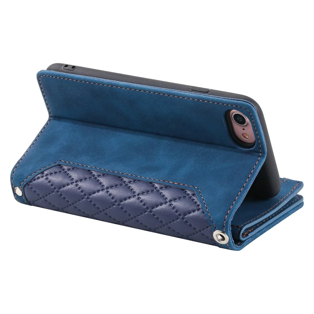 005 Style for iPhone SE (2022) / (2020) / 7 / 8 4.7 inch Rhombus Texture Leather Stand Case with Strap, Zipper Pocket Wallet Protective Phone Cover - Blue - 4