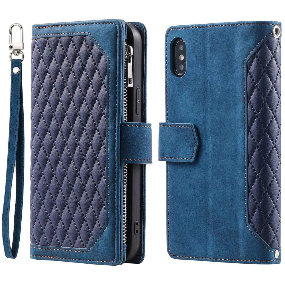 005 Style for iPhone X / XS Max 6.5 inch Rhombus Texture Stand Wallet Case Zipper Pocket PU Leather Phone Cover with Wrist Strap - Blue - 1