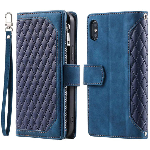 005 Style for iPhone X / XS Max 6.5 inch Rhombus Texture Stand Wallet Case Zipper Pocket PU Leather Phone Cover with Wrist Strap - Blue - 1