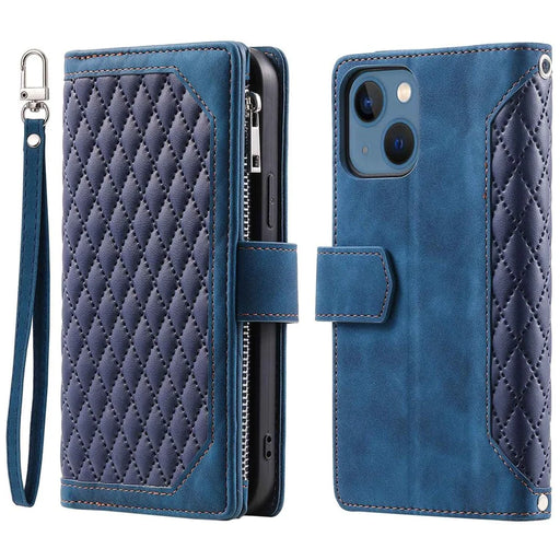 005 Style Zipper Pocket Leather Case for iPhone 13 mini 5.4 inch, Rhombus Texture Stand Wallet Shockproof Phone Cover with Wrist Strap - Blue - 1