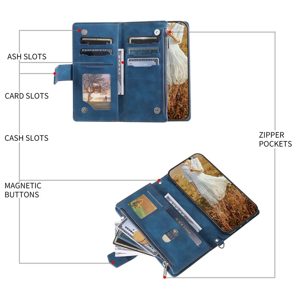 005 Style Zipper Pocket Leather Case for iPhone 13 mini 5.4 inch, Rhombus Texture Stand Wallet Shockproof Phone Cover with Wrist Strap - Blue - 5
