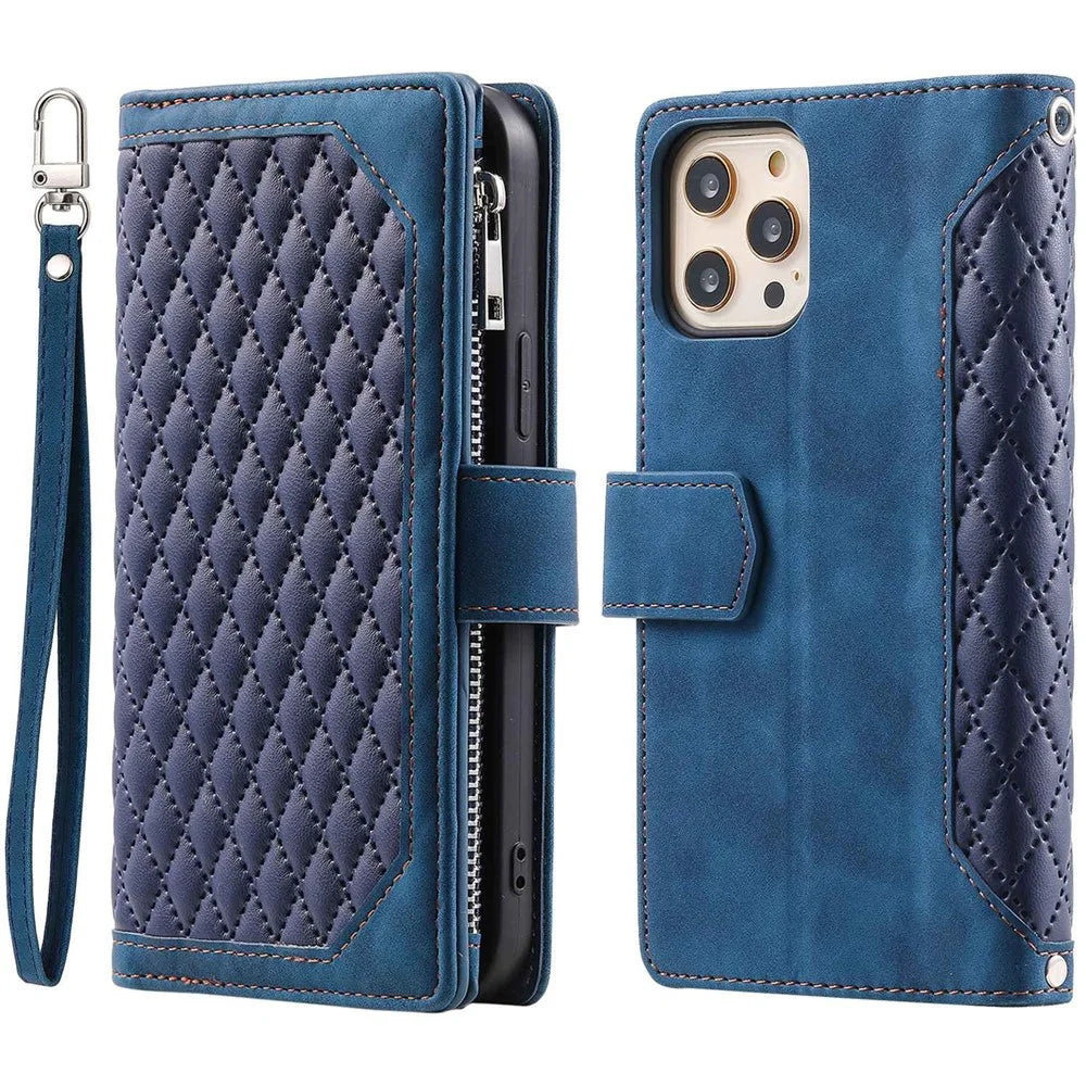 005 Style Zipper Pocket Stand Case for iPhone 11 Pro Max 6.5 inch, PU Leather Wallet Rhombus Texture Phone Shell Protector with Wrist Strap - Blue - 1