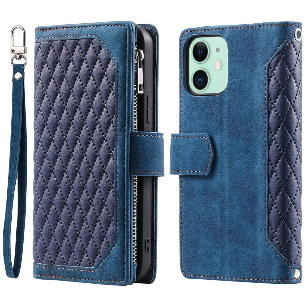 005 Style PU Leather Zipper Pocket Case for iPhone 12 mini 5.4 inch, Stand Rhombus Texture Anti-drop Phone Wallet Cover with Wrist Strap - Blue - 1