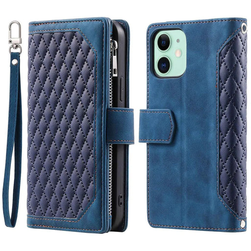 005 Style PU Leather Zipper Pocket Case for iPhone 12 mini 5.4 inch, Stand Rhombus Texture Anti-drop Phone Wallet Cover with Wrist Strap - Blue - 1