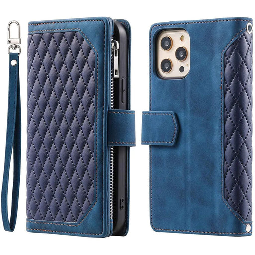 005 Style for iPhone 12 6.1 inch / 12 Pro 6.1 inch Rhombus Texture Zipper Pocket Phone Cover with Strap, PU Leather Stand Wallet Case - Blue - 1