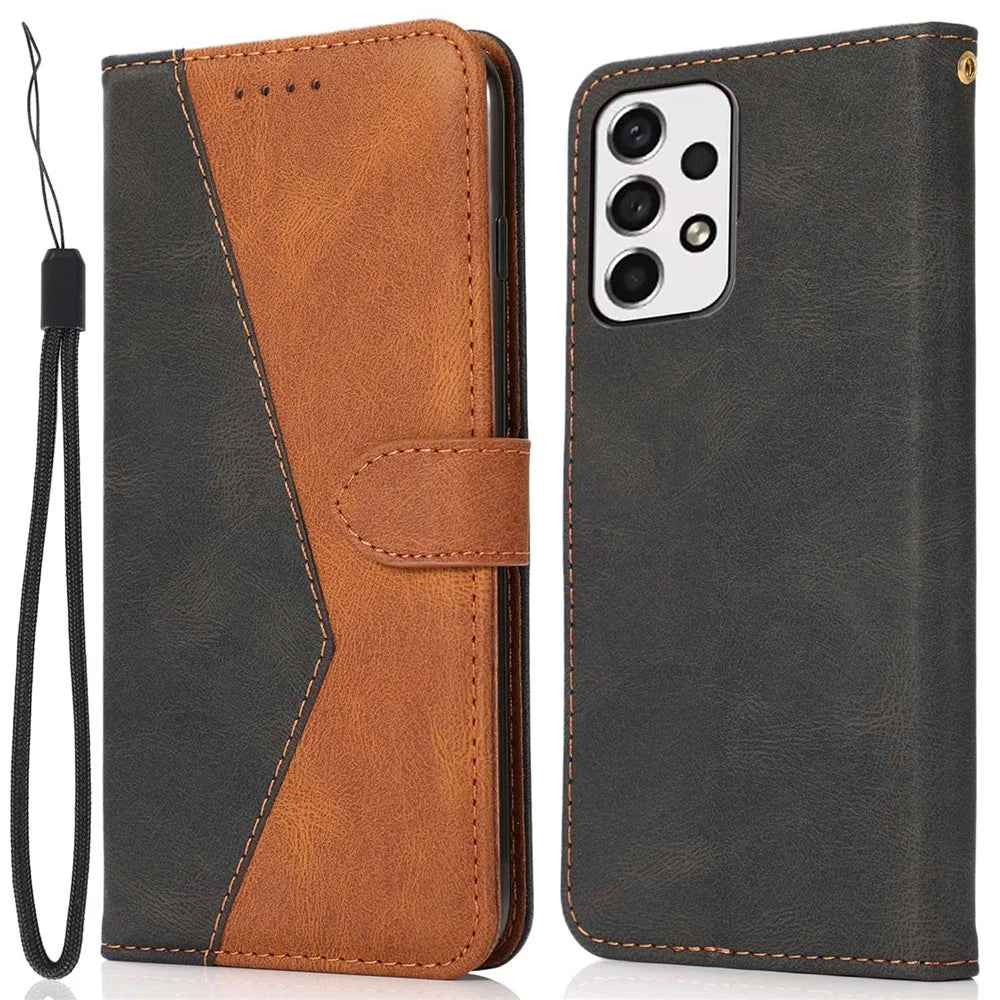 For Samsung Galaxy A53 5G Color Splicing Phone Wallet Stand Cover Magnetic Clasp PU Leather Anti-drop Case with Wrist Strap - Black / Brown - 1