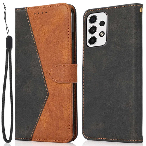 For Samsung Galaxy A53 5G Color Splicing Phone Wallet Stand Cover Magnetic Clasp PU Leather Anti-drop Case with Wrist Strap - Black / Brown - 1