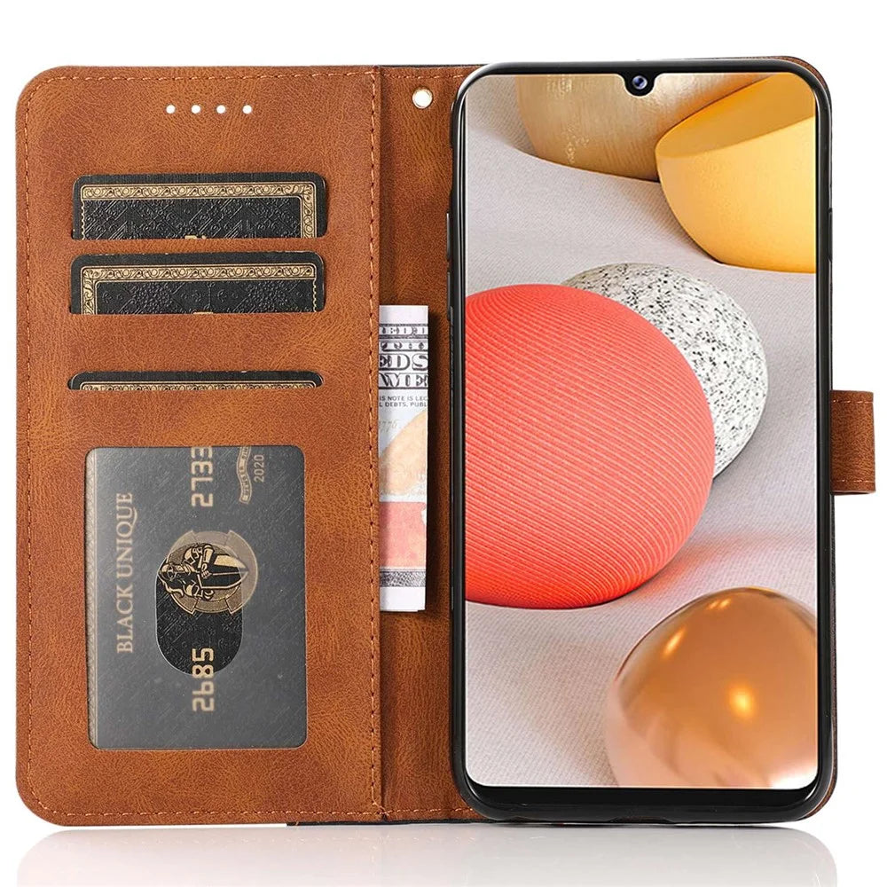 For Samsung Galaxy A53 5G Color Splicing Phone Wallet Stand Cover Magnetic Clasp PU Leather Anti-drop Case with Wrist Strap - Black / Brown - 2