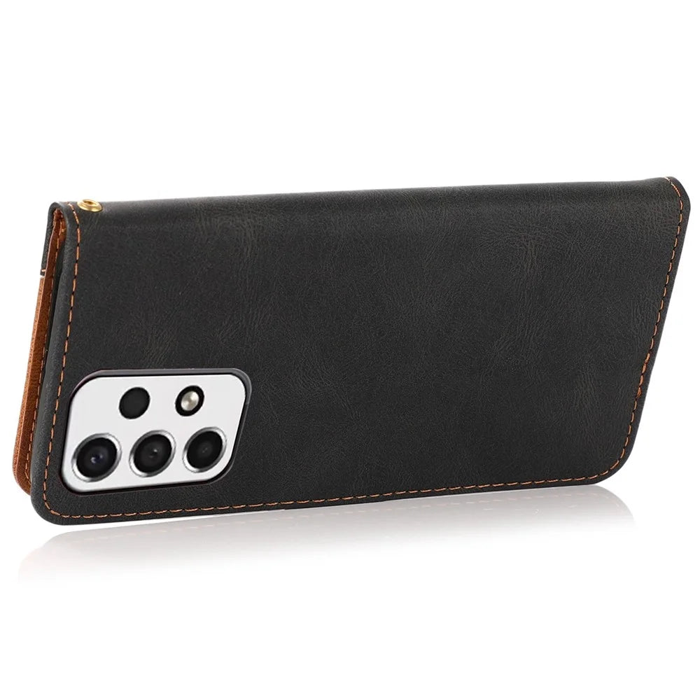 For Samsung Galaxy A53 5G Color Splicing Phone Wallet Stand Cover Magnetic Clasp PU Leather Anti-drop Case with Wrist Strap - Black / Brown - 4