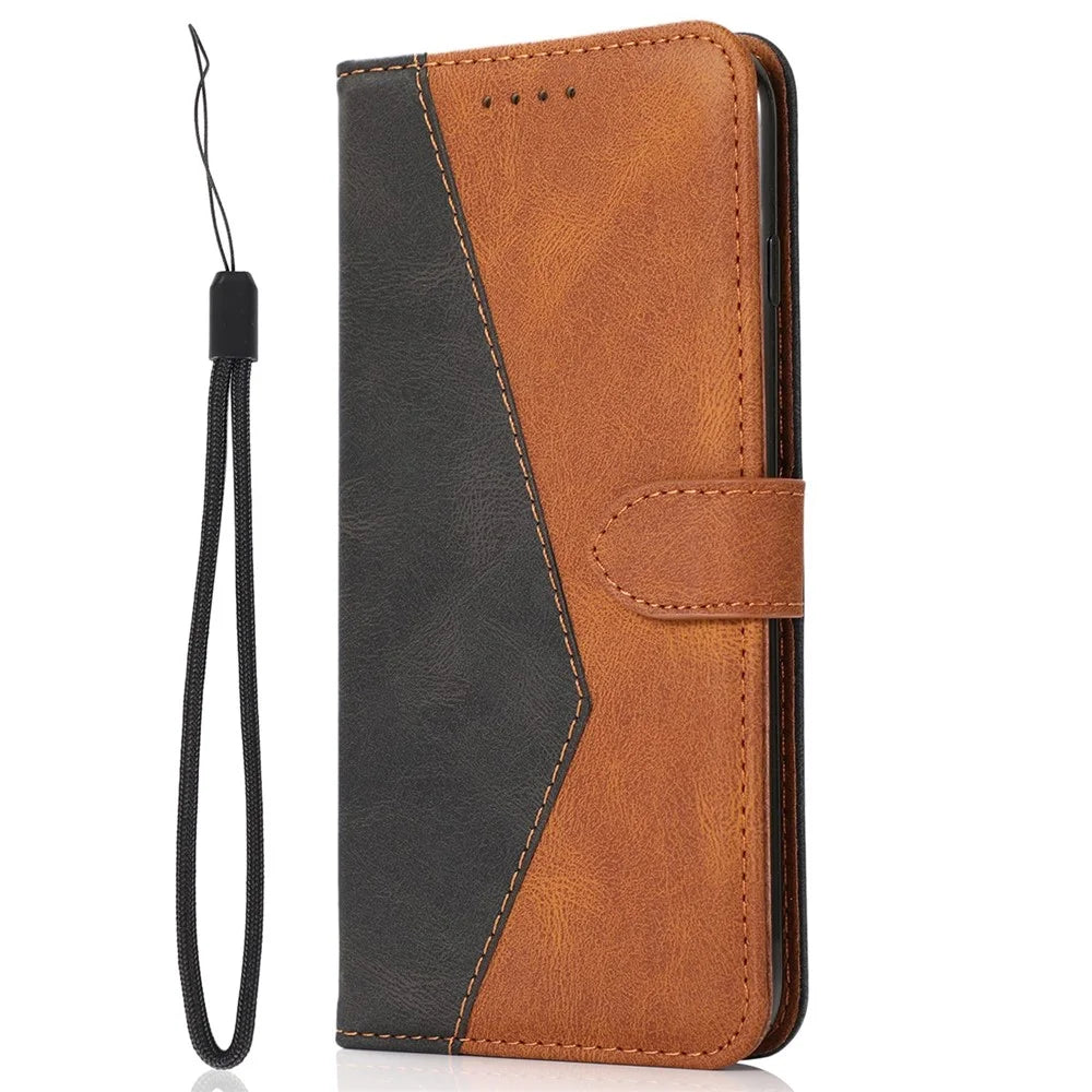 For Samsung Galaxy A53 5G Color Splicing Phone Wallet Stand Cover Magnetic Clasp PU Leather Anti-drop Case with Wrist Strap - Black / Brown - 5
