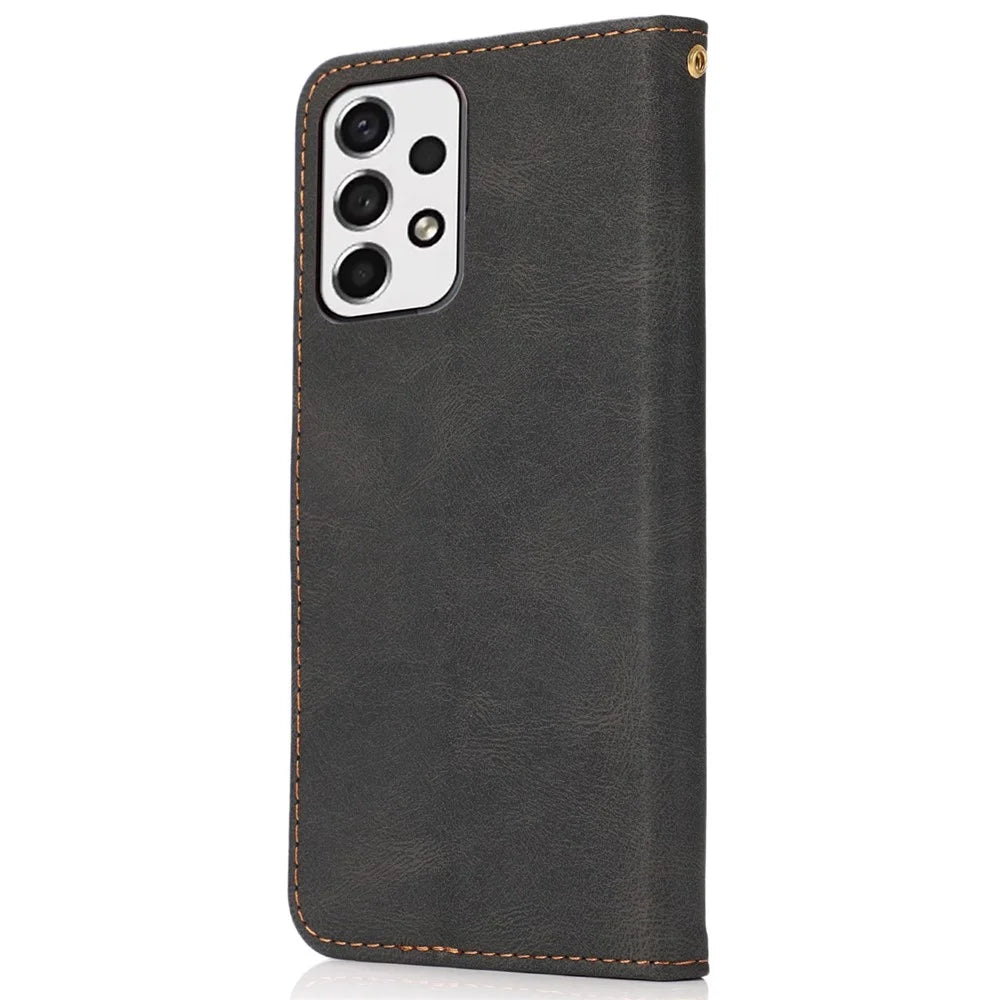 For Samsung Galaxy A53 5G Color Splicing Phone Wallet Stand Cover Magnetic Clasp PU Leather Anti-drop Case with Wrist Strap - Black / Brown - 6