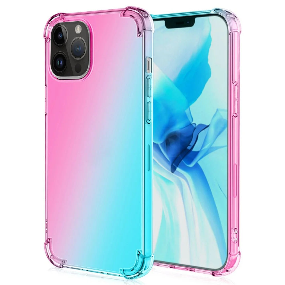 For iPhone 14 Pro Max 6.7 inch Gradient Design Shock Absorption TPU Soft Edge Bumper with Reinforced Corners Protective Cover - Pink / Green - 1