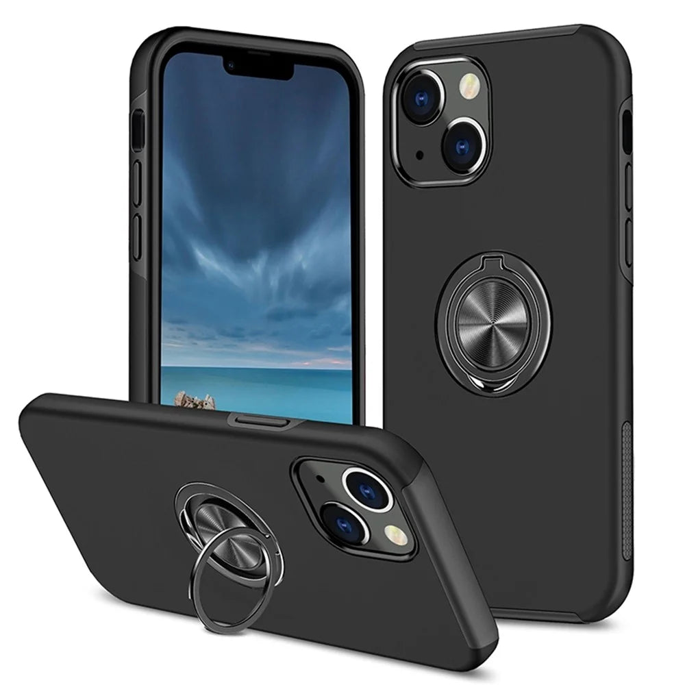 For iPhone 14 6.1 inch Hard PC+Soft TPU Dual Layer Protection Case Ring Car Mount Kickstand Protective Phone Cover - Black - 1