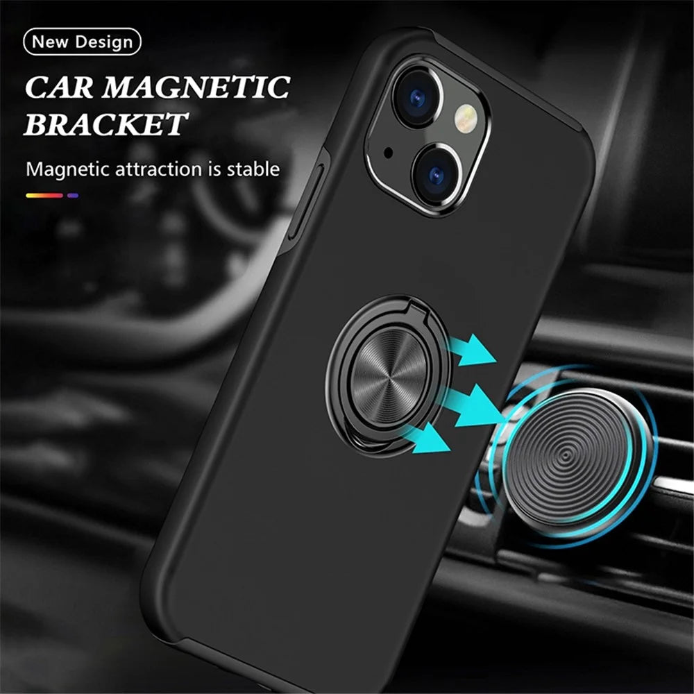 For iPhone 14 6.1 inch Hard PC+Soft TPU Dual Layer Protection Case Ring Car Mount Kickstand Protective Phone Cover - Black - 2