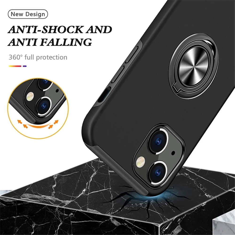 For iPhone 14 6.1 inch Hard PC+Soft TPU Dual Layer Protection Case Ring Car Mount Kickstand Protective Phone Cover - Black - 3