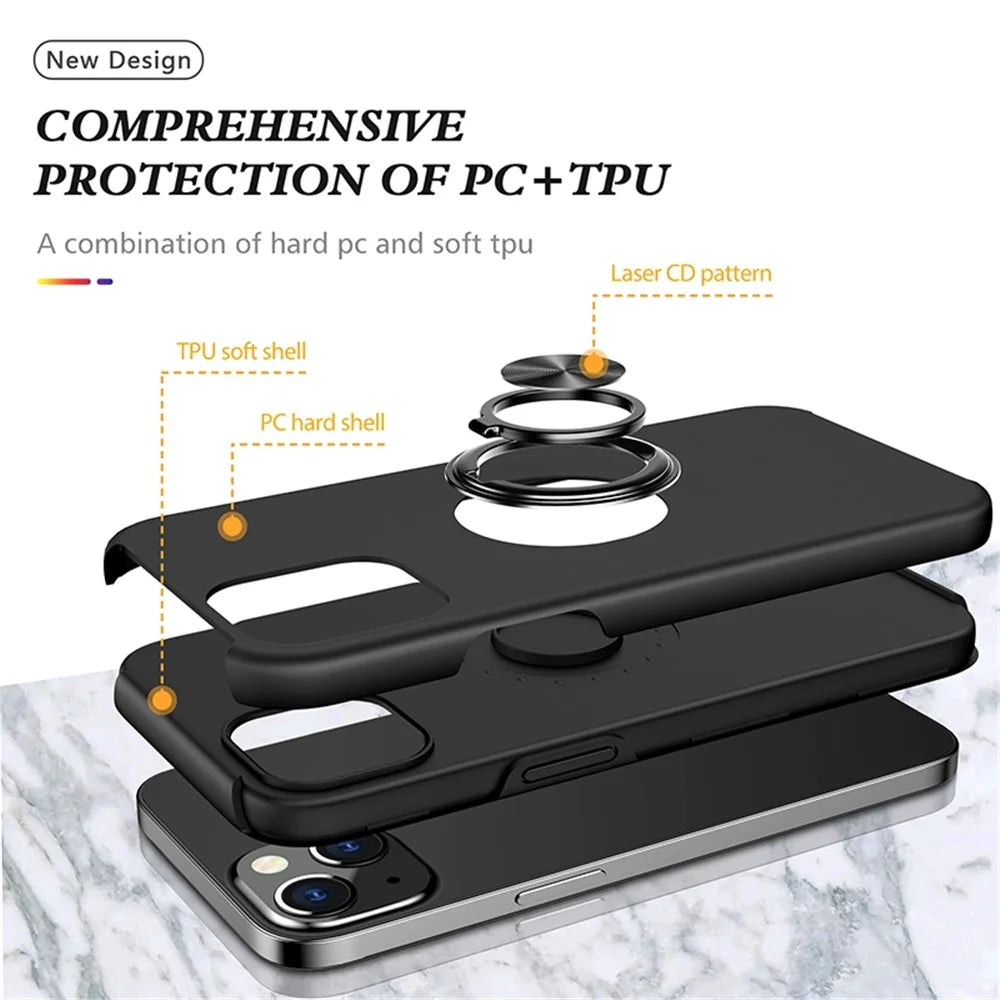 For iPhone 14 6.1 inch Hard PC+Soft TPU Dual Layer Protection Case Ring Car Mount Kickstand Protective Phone Cover - Black - 4