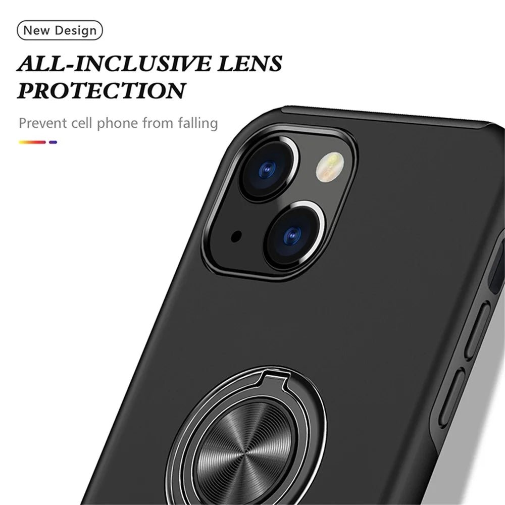 For iPhone 14 6.1 inch Hard PC+Soft TPU Dual Layer Protection Case Ring Car Mount Kickstand Protective Phone Cover - Black - 6