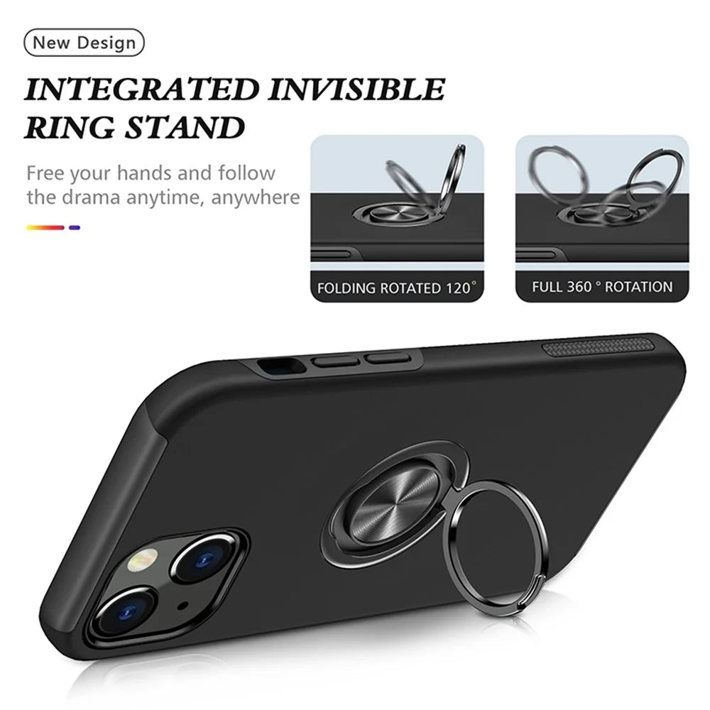 For iPhone 14 6.1 inch Hard PC+Soft TPU Dual Layer Protection Case Ring Car Mount Kickstand Protective Phone Cover - Black - 7