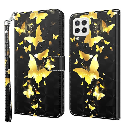 For Samsung Galaxy A22 4G (EU Version) / M32 (Global Version) 4G / M22 4G Anti-fall PU Leather Phone Stand Case 3D Pattern Printed Magnetic Closure Wallet Phone Cover with Strap - Golden Butterflies - 1