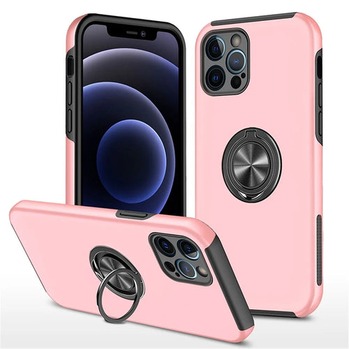 For iPhone 14 Pro 6.1 inch Hard PC+Soft TPU Well-protected Anti-wear Case Ring Car Mount Kickstand Anti-drop Phone Shell Cover - Rose Gold - 1