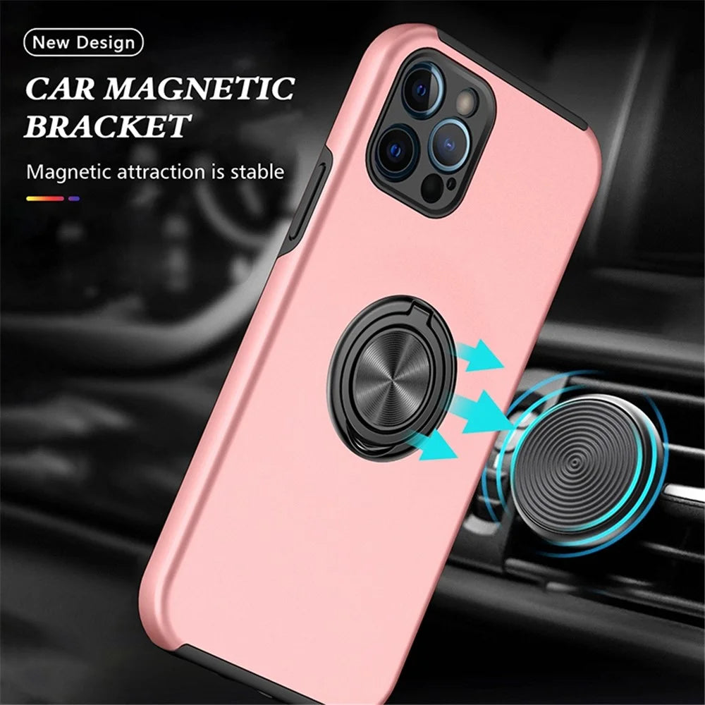 For iPhone 14 Pro 6.1 inch Hard PC+Soft TPU Well-protected Anti-wear Case Ring Car Mount Kickstand Anti-drop Phone Shell Cover - Rose Gold - 2
