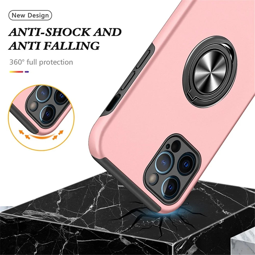 For iPhone 14 Pro 6.1 inch Hard PC+Soft TPU Well-protected Anti-wear Case Ring Car Mount Kickstand Anti-drop Phone Shell Cover - Rose Gold - 3