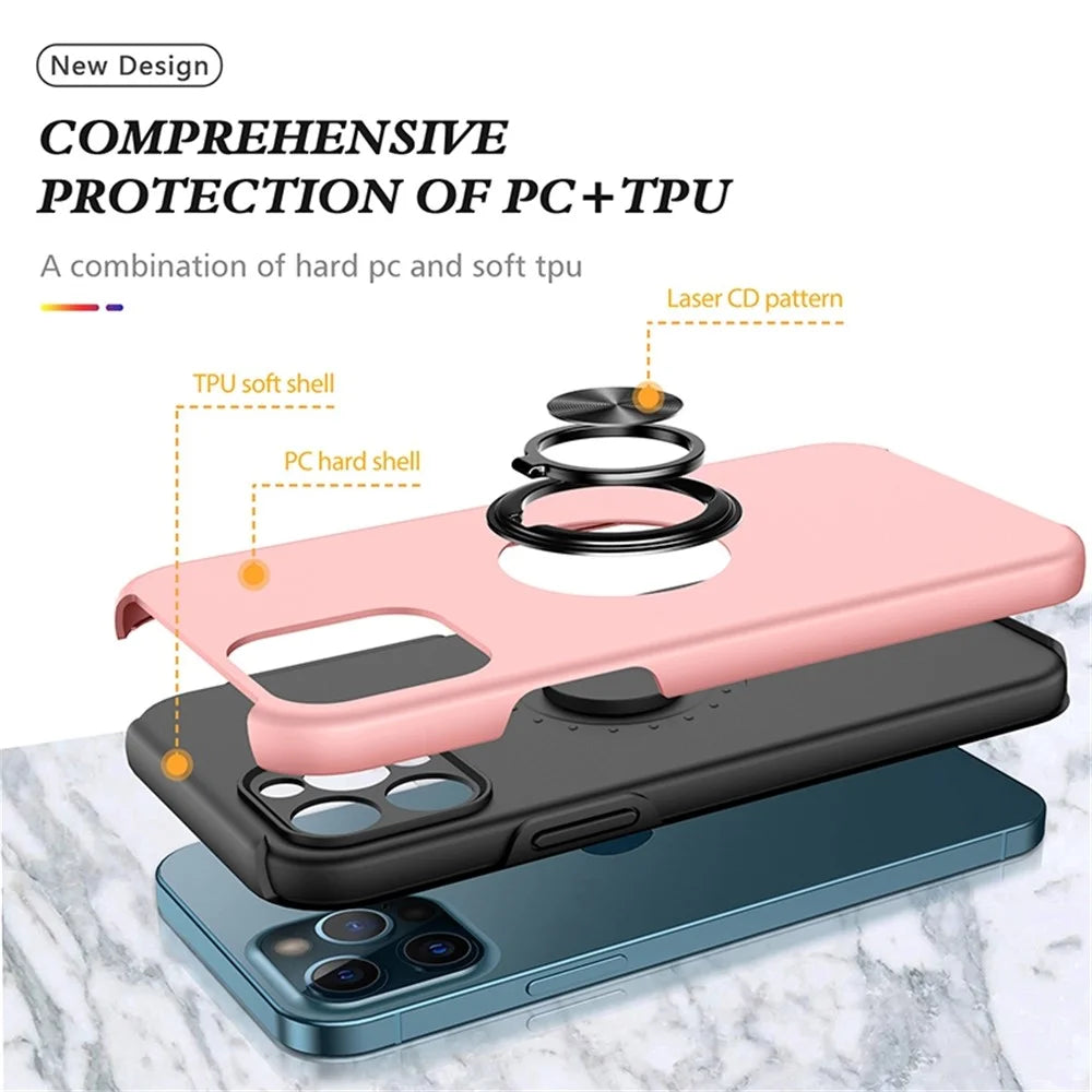 For iPhone 14 Pro 6.1 inch Hard PC+Soft TPU Well-protected Anti-wear Case Ring Car Mount Kickstand Anti-drop Phone Shell Cover - Rose Gold - 4