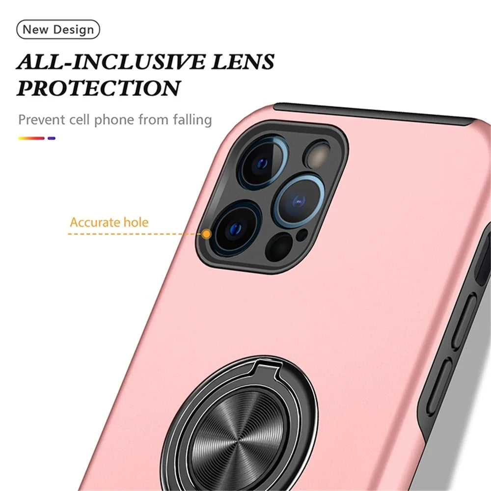 For iPhone 14 Pro 6.1 inch Hard PC+Soft TPU Well-protected Anti-wear Case Ring Car Mount Kickstand Anti-drop Phone Shell Cover - Rose Gold - 6
