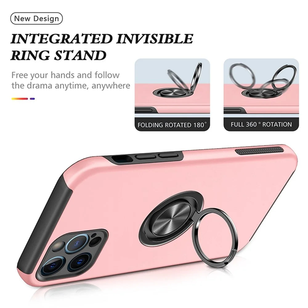 For iPhone 14 Pro 6.1 inch Hard PC+Soft TPU Well-protected Anti-wear Case Ring Car Mount Kickstand Anti-drop Phone Shell Cover - Rose Gold - 7