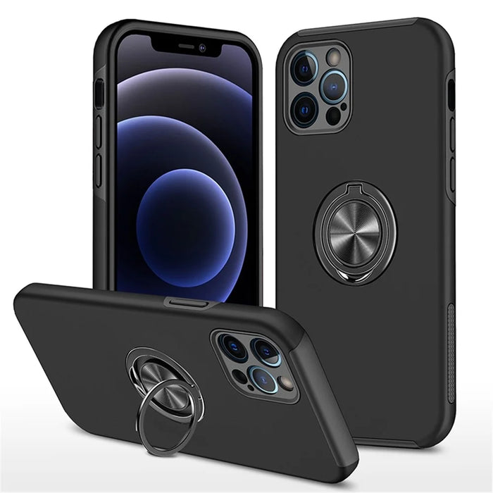 For iPhone 14 Pro Max 6.7 inch Hard PC+Soft TPU Scratch-resistant Phone Case Ring Car Mount Kickstand Anti-fall Shell Cover - Black - 1