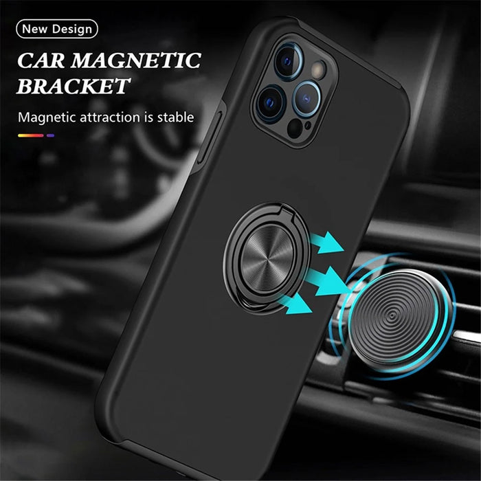 For iPhone 14 Pro Max 6.7 inch Hard PC+Soft TPU Scratch-resistant Phone Case Ring Car Mount Kickstand Anti-fall Shell Cover - Black - 2