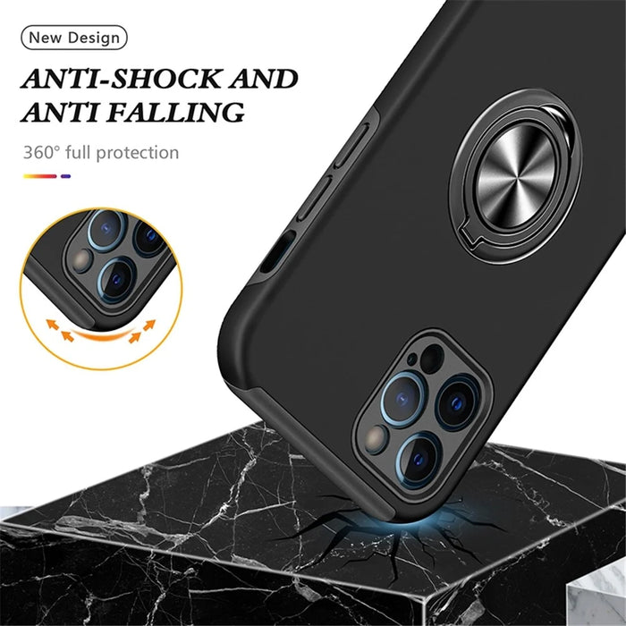 For iPhone 14 Pro Max 6.7 inch Hard PC+Soft TPU Scratch-resistant Phone Case Ring Car Mount Kickstand Anti-fall Shell Cover - Black - 3
