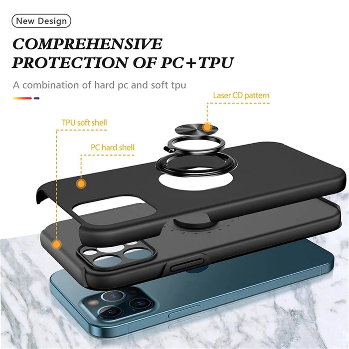 For iPhone 14 Pro Max 6.7 inch Hard PC+Soft TPU Scratch-resistant Phone Case Ring Car Mount Kickstand Anti-fall Shell Cover - Black - 4